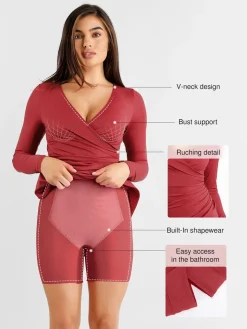 Shapewear Ruched Long Sleeve Faux Wrap Slimming Midi Dress