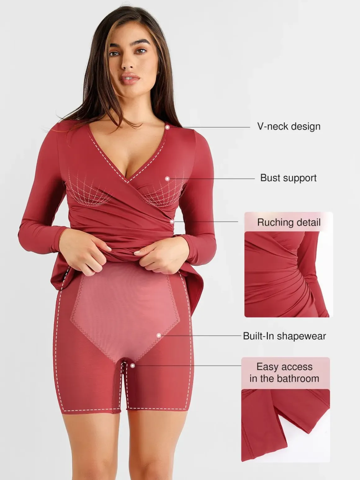 Shapewear Ruched Long Sleeve Faux Wrap Slimming Midi Dress
