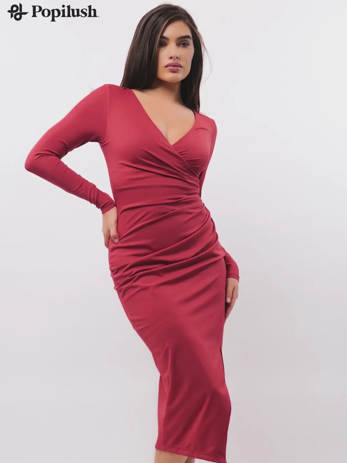 Shapewear Ruched Long Sleeve Faux Wrap Slimming Midi Dress