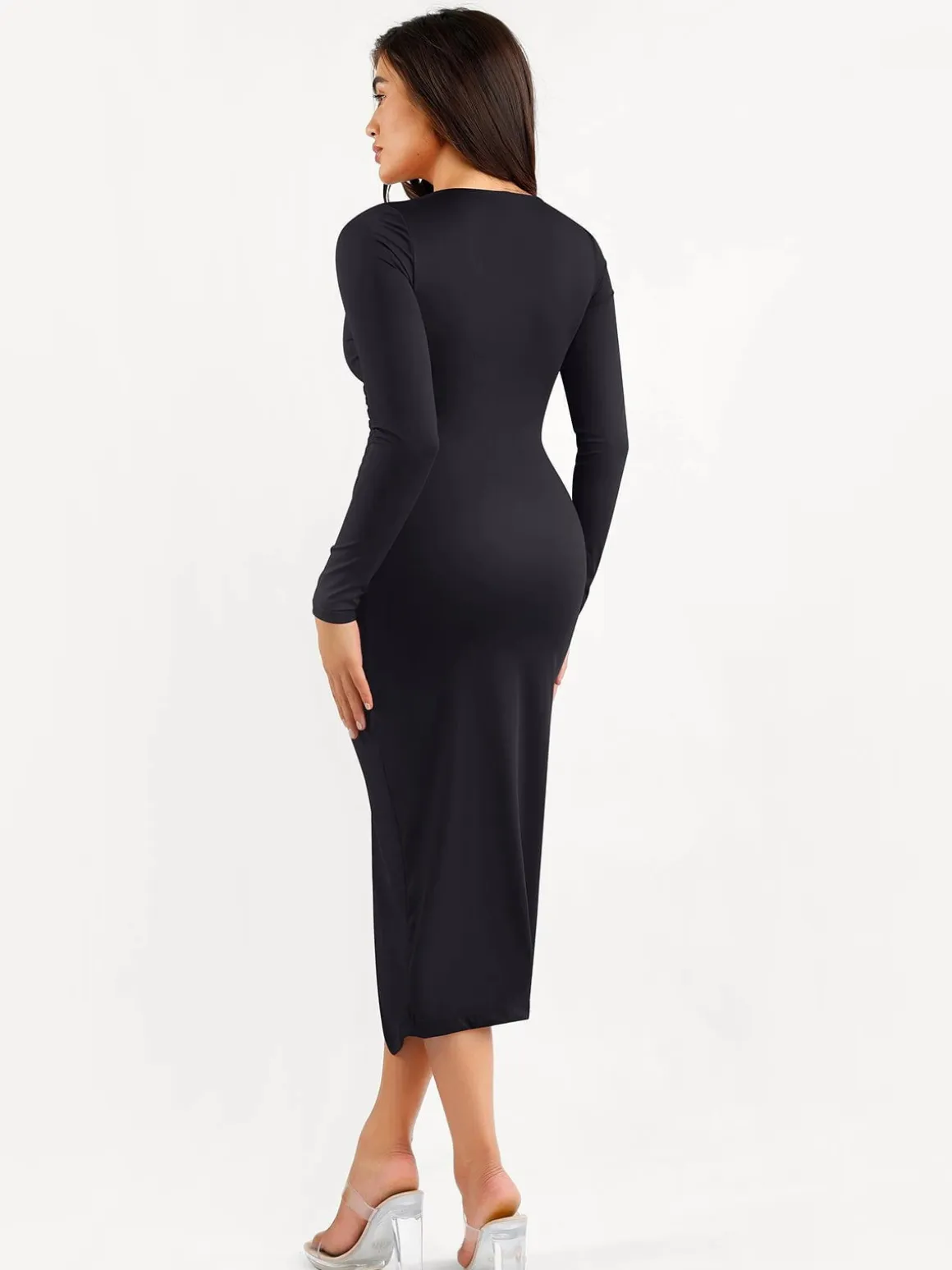 Shapewear Ruched Long Sleeve Faux Wrap Slimming Midi Dress