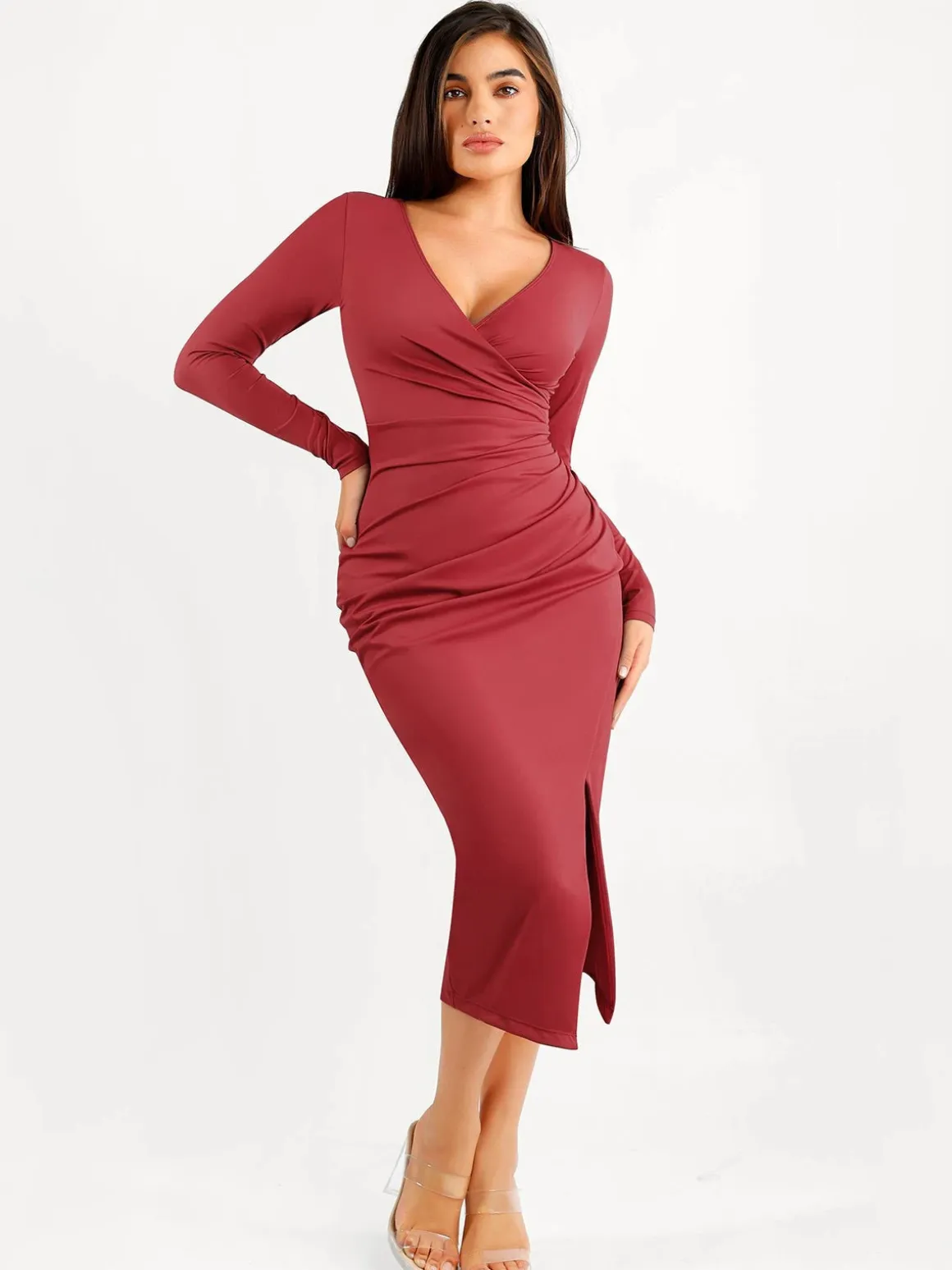 Shapewear Ruched Long Sleeve Faux Wrap Slimming Midi Dress