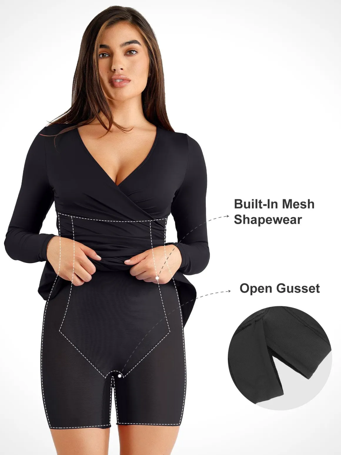 Shapewear Ruched Long Sleeve Faux Wrap Slimming Midi Dress