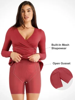 Shapewear Ruched Long Sleeve Faux Wrap Slimming Midi Dress