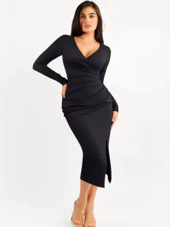 Shapewear Ruched Long Sleeve Faux Wrap Slimming Midi Dress