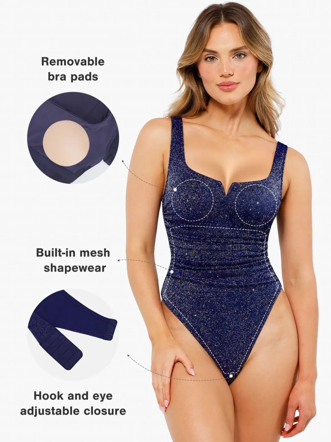 Shapewear Ruched Metallic Knit Square Neck Slimming Bodysuit