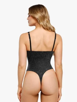 Shapewear Ruched Metallic Knit Square Neck Slimming Bodysuit