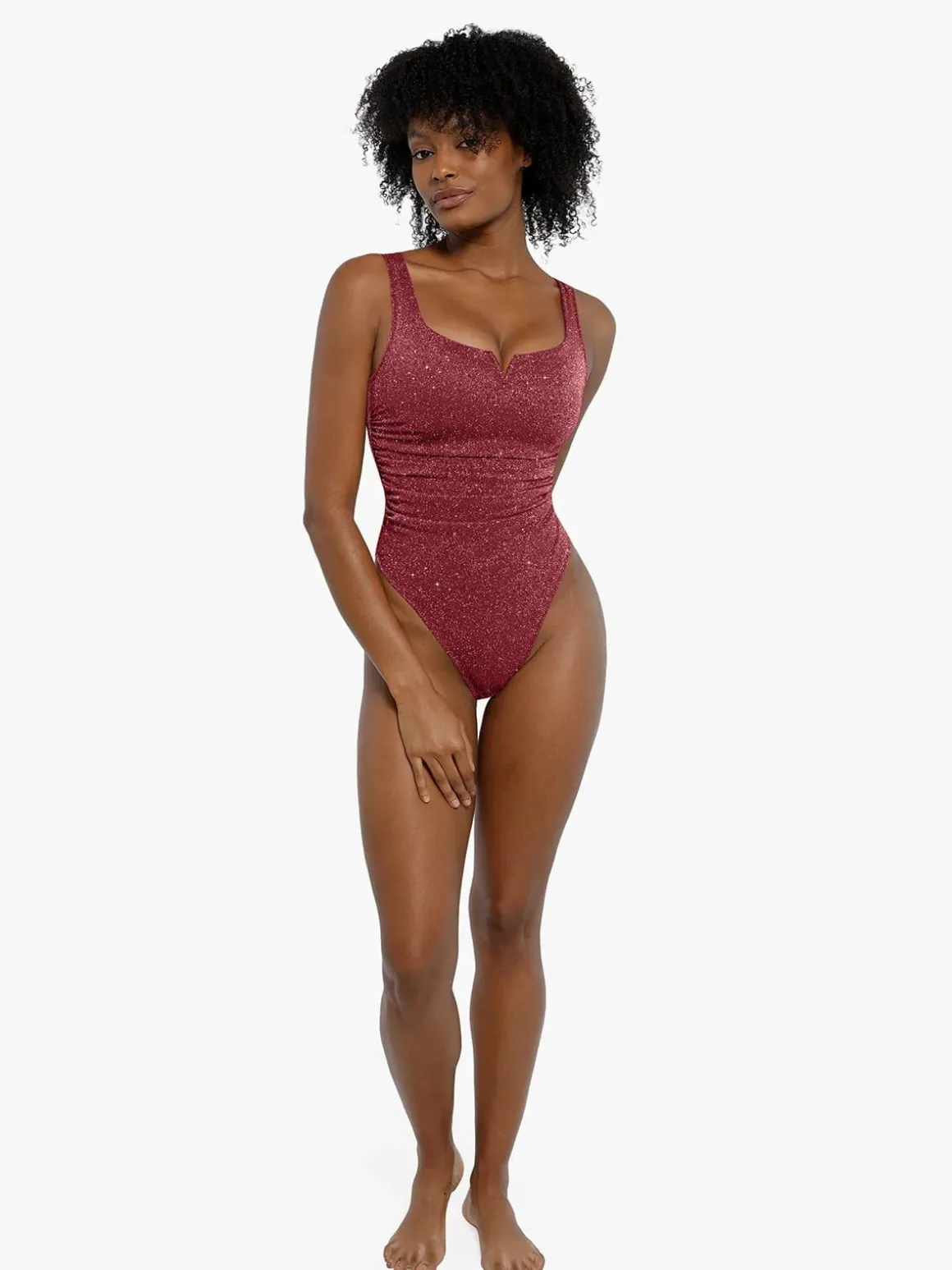 Shapewear Ruched Metallic Knit Square Neck Slimming Bodysuit