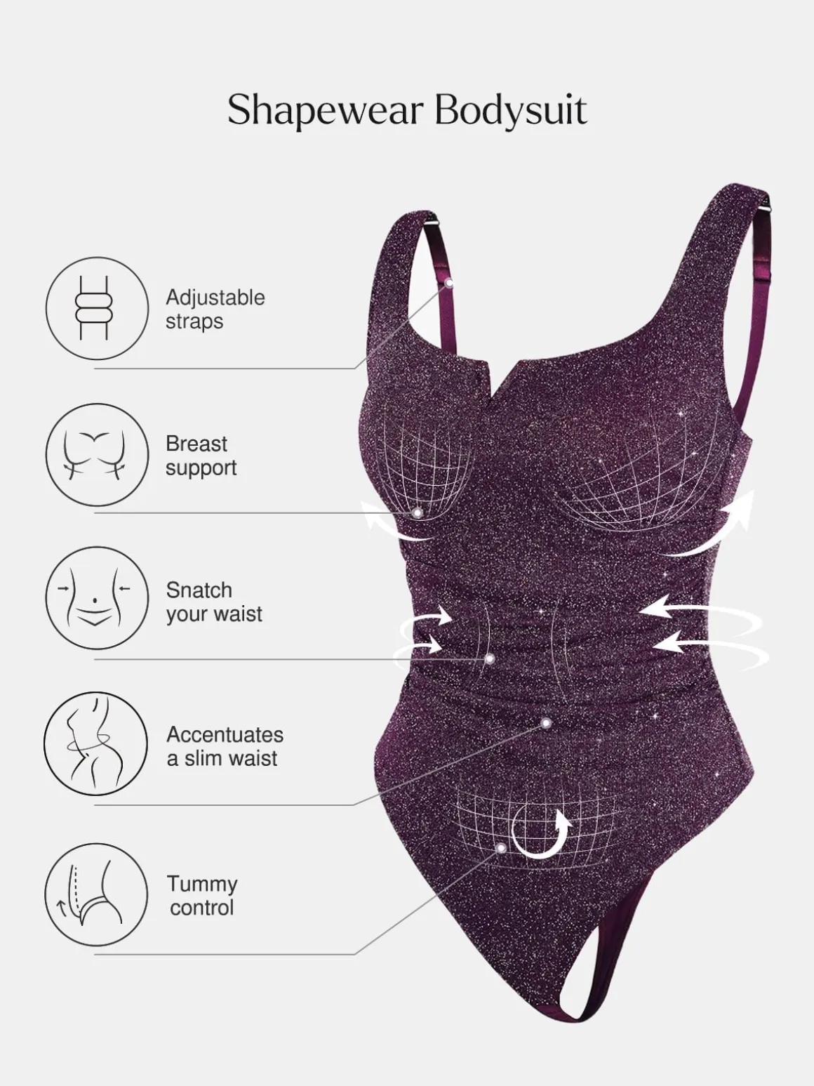 Shapewear Ruched Metallic Knit Square Neck Slimming Bodysuit