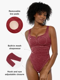 Shapewear Ruched Metallic Knit Square Neck Slimming Bodysuit