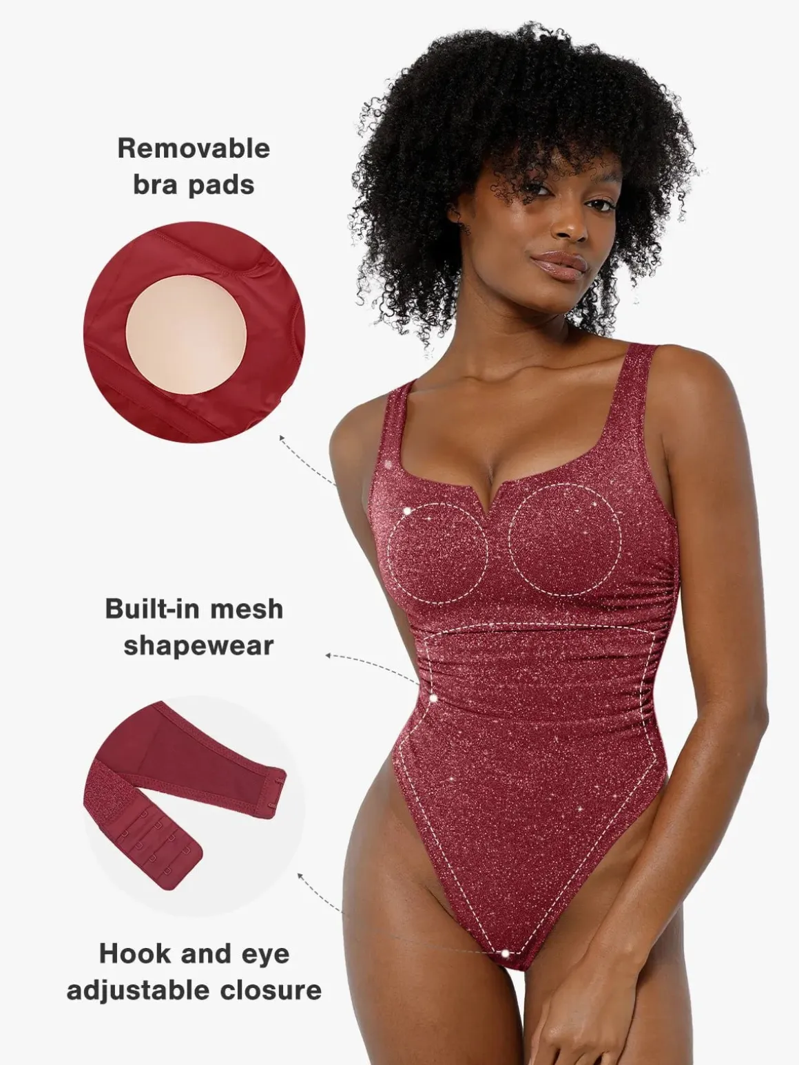 Shapewear Ruched Metallic Knit Square Neck Slimming Bodysuit