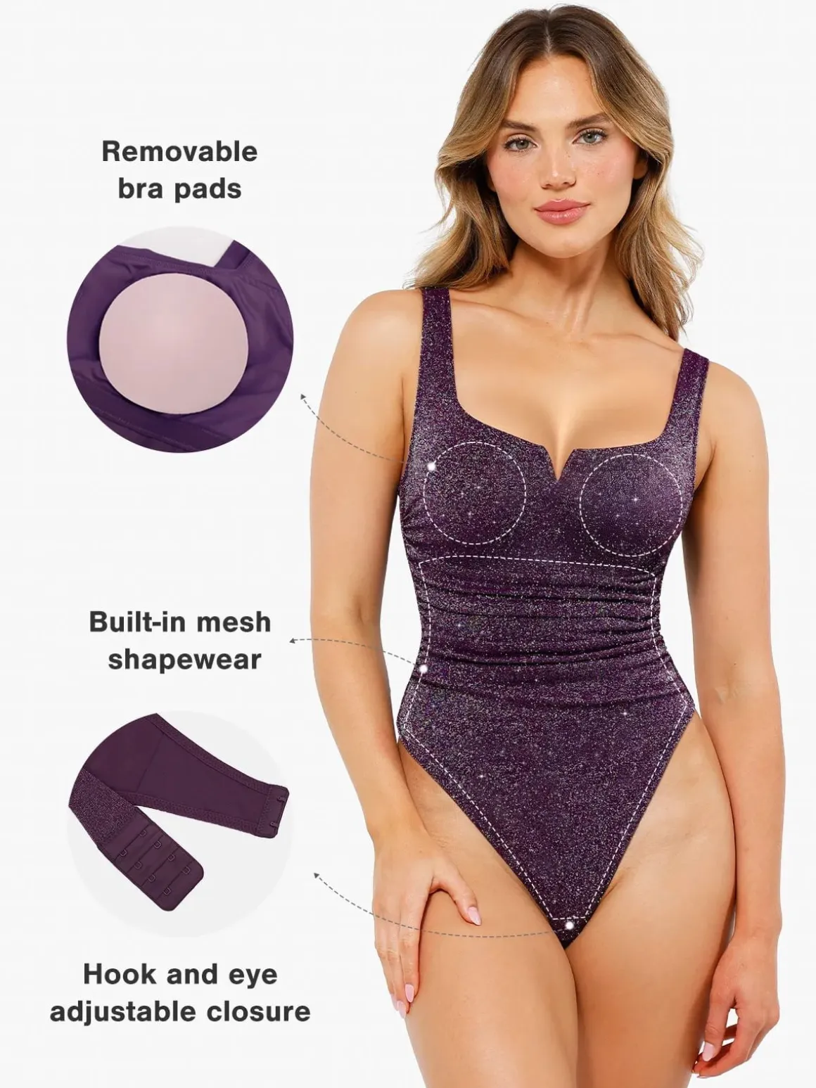Shapewear Ruched Metallic Knit Square Neck Slimming Bodysuit