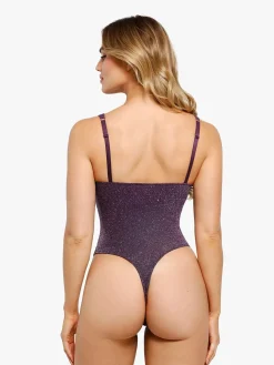 Shapewear Ruched Metallic Knit Square Neck Slimming Bodysuit