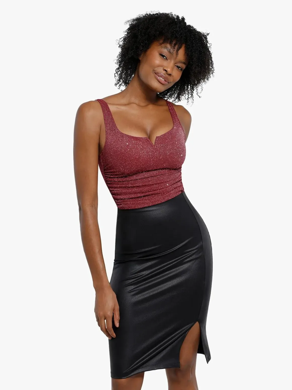 Shapewear Ruched Metallic Knit Square Neck Slimming Bodysuit