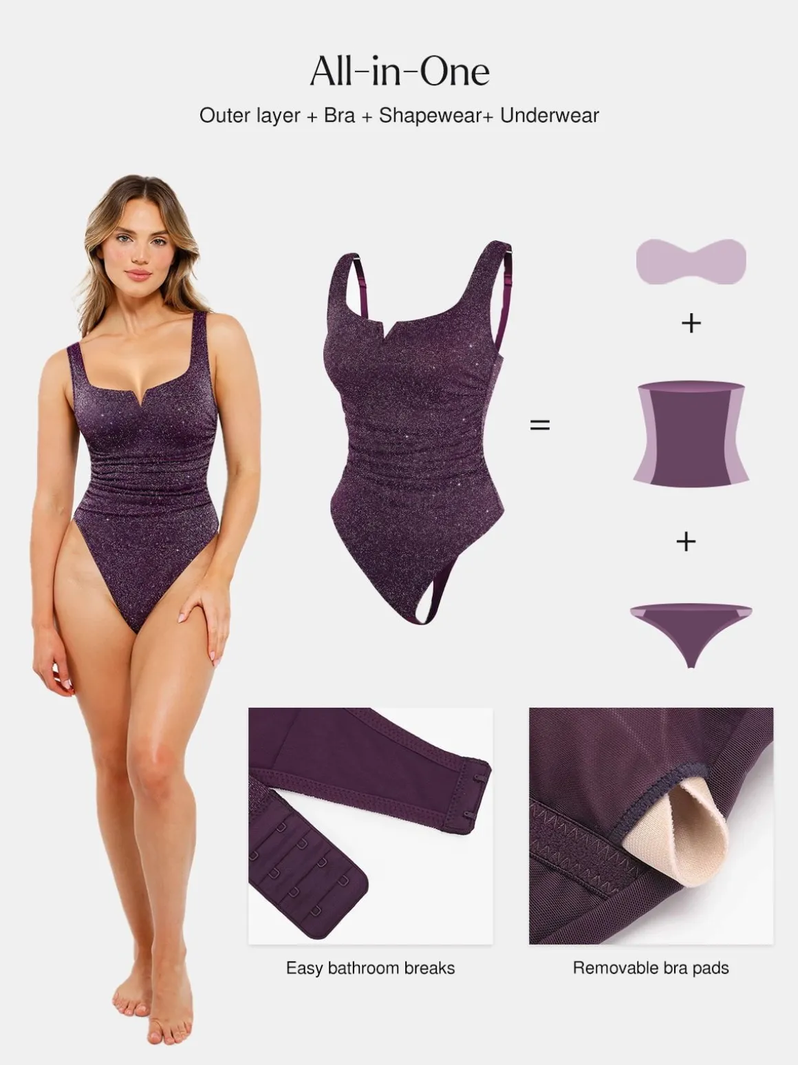 Shapewear Ruched Metallic Knit Square Neck Slimming Bodysuit