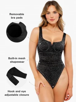 Shapewear Ruched Metallic Knit Square Neck Slimming Bodysuit