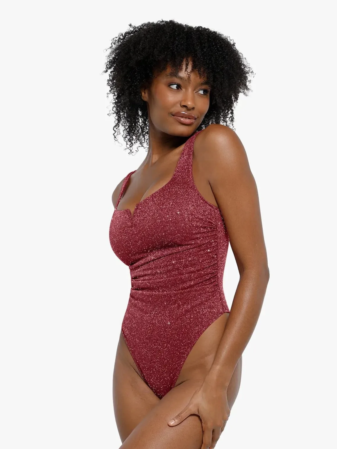 Shapewear Ruched Metallic Knit Square Neck Slimming Bodysuit