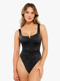 Shapewear Ruched Metallic Knit Square Neck Slimming Bodysuit
