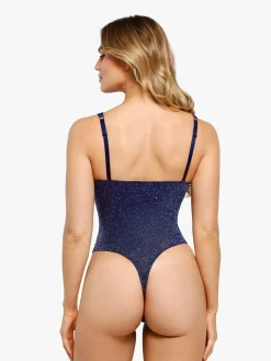 Shapewear Ruched Metallic Knit Square Neck Slimming Bodysuit