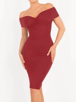 Shapewear Ruched Off-Shoulder Sculpting Midi Dress