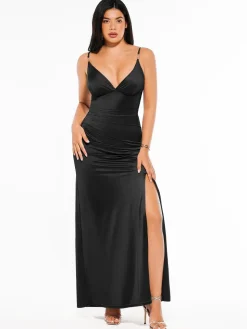 Shapewear Satin Deep-V Front Slit Maxi Dress
