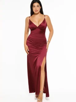 Shapewear Satin Deep-V Front Slit Maxi Dress