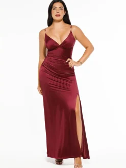 Shapewear Satin Deep-V Front Slit Maxi Dress