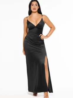 Shapewear Satin Deep-V Front Slit Maxi Dress