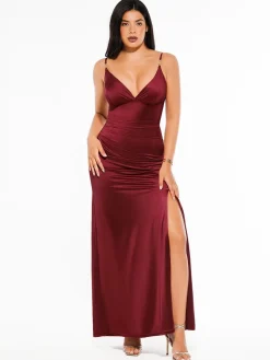 Shapewear Satin Deep-V Front Slit Maxi Dress