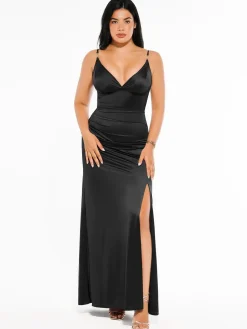 Shapewear Satin Deep-V Front Slit Maxi Dress