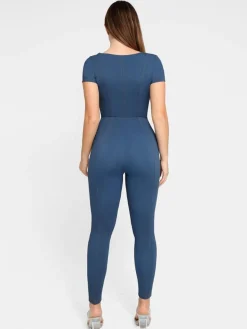 Shapewear Sculpting Denim Tank Flare Leg Jumpsuit