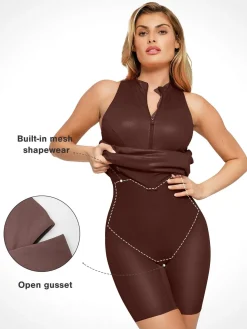 Shapewear Sculpting Faux Leather Zip Front Midi Dress