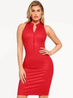 Shapewear Sculpting Faux Leather Zip Front Midi Dress