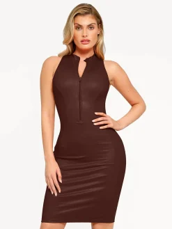 Shapewear Sculpting Faux Leather Zip Front Midi Dress