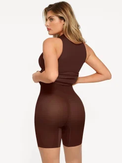Shapewear Sculpting Faux Leather Zip Front Midi Dress