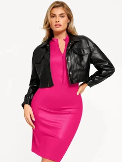 Shapewear Sculpting Faux Leather Zip Front Midi Dress