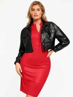 Shapewear Sculpting Faux Leather Zip Front Midi Dress