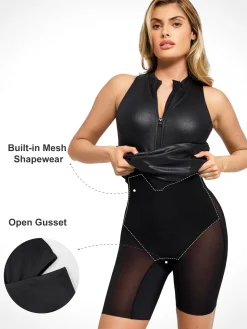 Shapewear Sculpting Faux Leather Zip Front Midi Dress