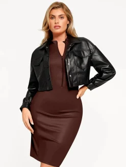 Shapewear Sculpting Faux Leather Zip Front Midi Dress