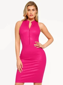 Shapewear Sculpting Faux Leather Zip Front Midi Dress