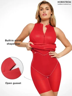 Shapewear Sculpting Faux Leather Zip Front Midi Dress