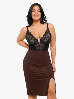 Shapewear Sculpting Faux Leather Front Slit Midi Skirt