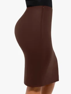 Shapewear Sculpting Faux Leather Front Slit Midi Skirt