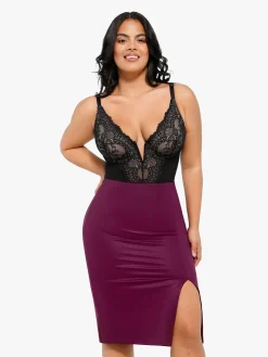 Shapewear Sculpting Faux Leather Front Slit Midi Skirt