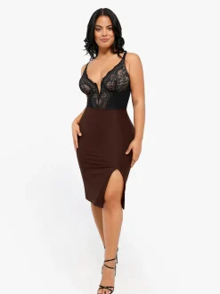 Shapewear Sculpting Faux Leather Front Slit Midi Skirt