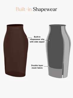Shapewear Sculpting Faux Leather Front Slit Midi Skirt