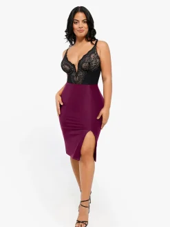 Shapewear Sculpting Faux Leather Front Slit Midi Skirt