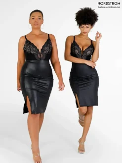 Shapewear Sculpting Faux Leather Front Slit Midi Skirt