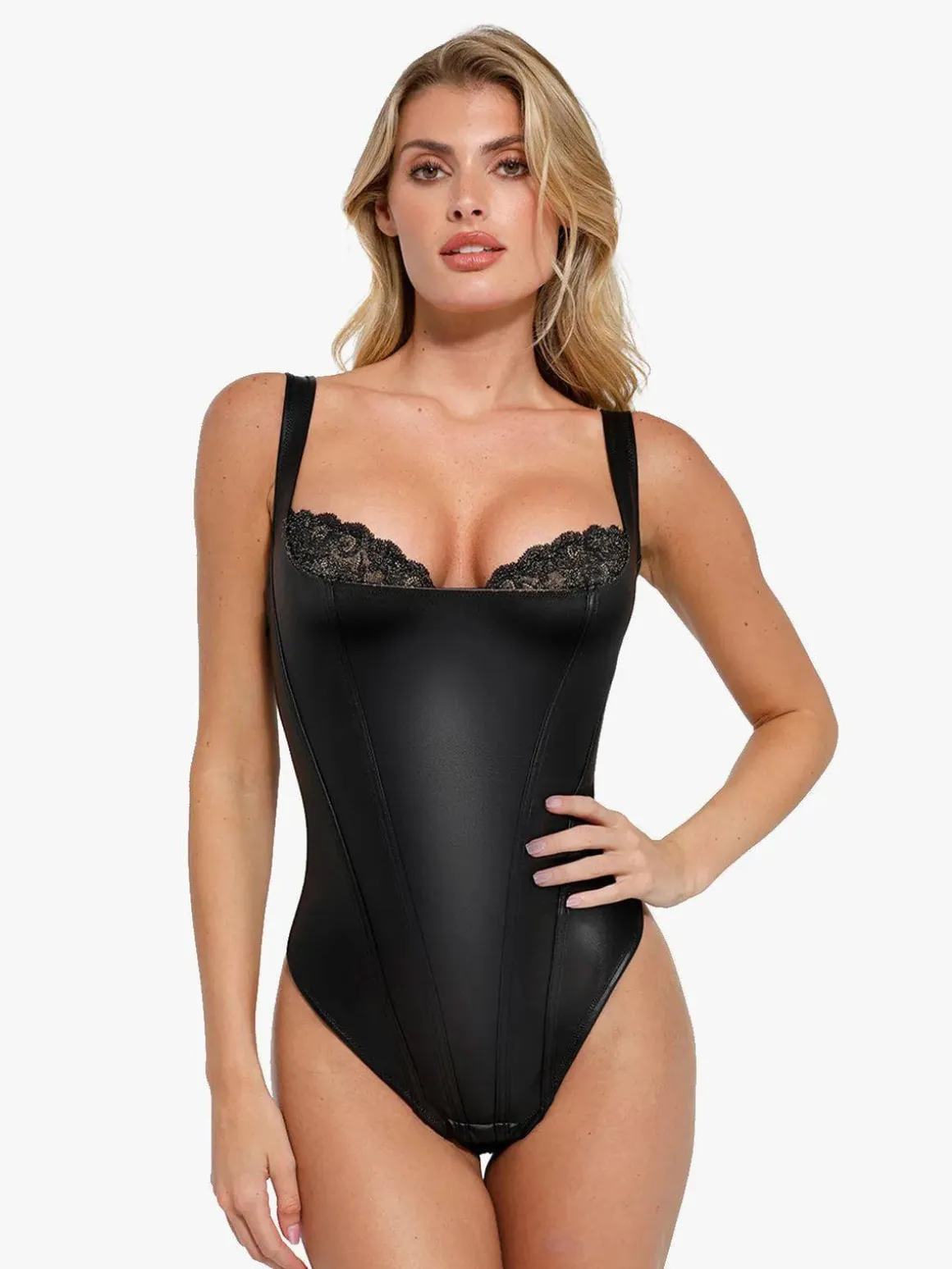 Shapewear Sculpting Faux Leather Lace Bodysuit Skirt Set