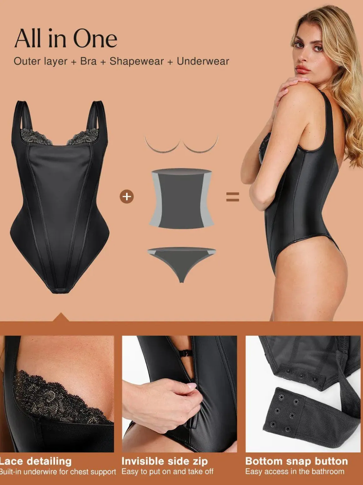Shapewear Sculpting Faux Leather Lace Bodysuit Skirt Set