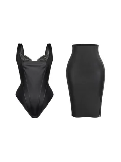 Shapewear Sculpting Faux Leather Lace Bodysuit Skirt Set